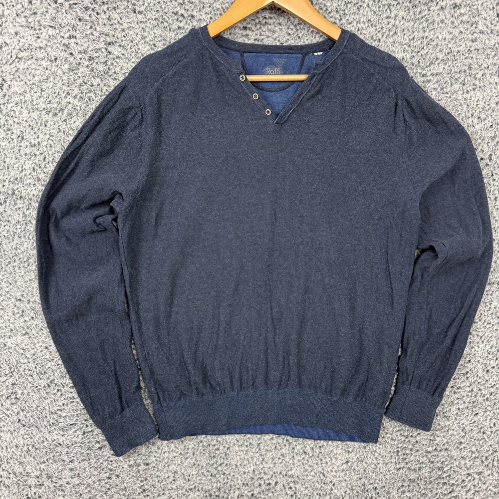 Raffi Sweater Mens Large Blue Henley Knit Pullover Soft V Neck Cotton Adult L